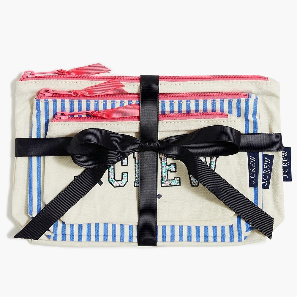 J. CREW Canvas Pouches Set of Three Crab Logo Stripe Set Zippered Cosmetic Bags - Picture 2 of 6